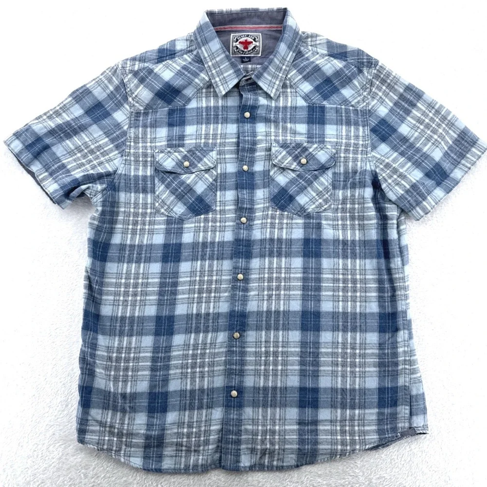 Desert Son Flag & Anthem Mens Western Shirt L Blue Plaid Pearl Snap Short Sleeve